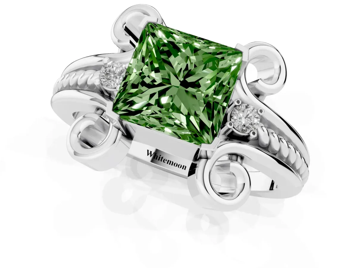 Fancy Green Princess Cut Solitaire Twisted Band Scroll Prong Ring Silver