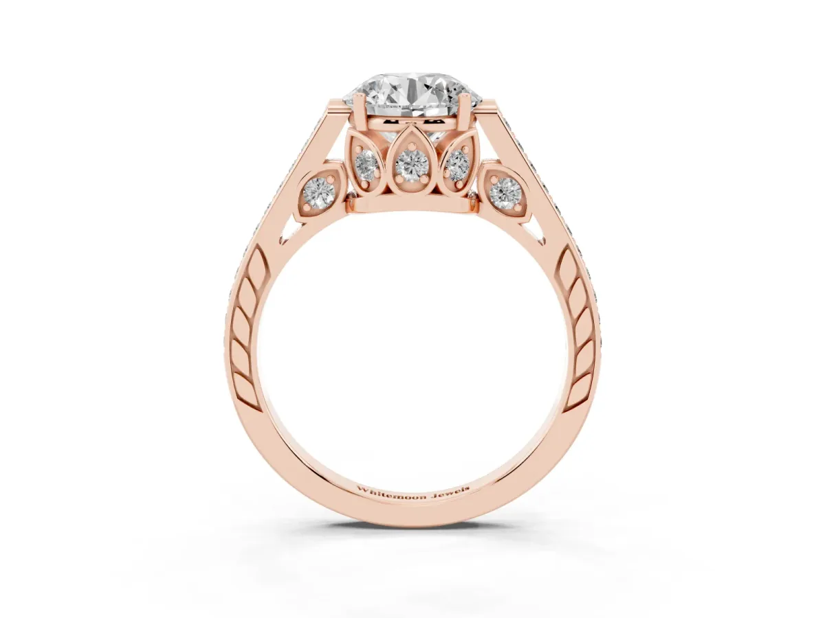 Round Cut Cut Cathedral Pave Diamond Engagement Ring with Six-Prong Setting Rose gold