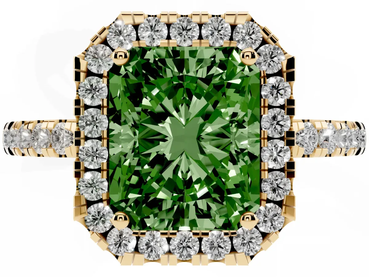 Fancy Green Radiant Cut Halo Diamond Engagement Ring with Pavé Band and Four-Prong Setting Yellow gold