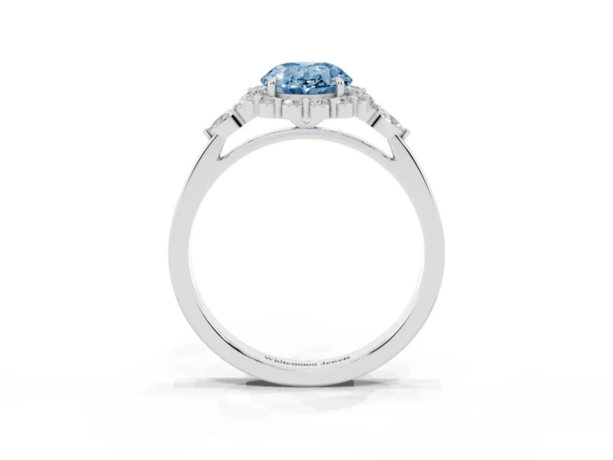Fancy Blue Oval Cut Diamond Halo Ring with Pear Side Stones and Prong Setting Silver