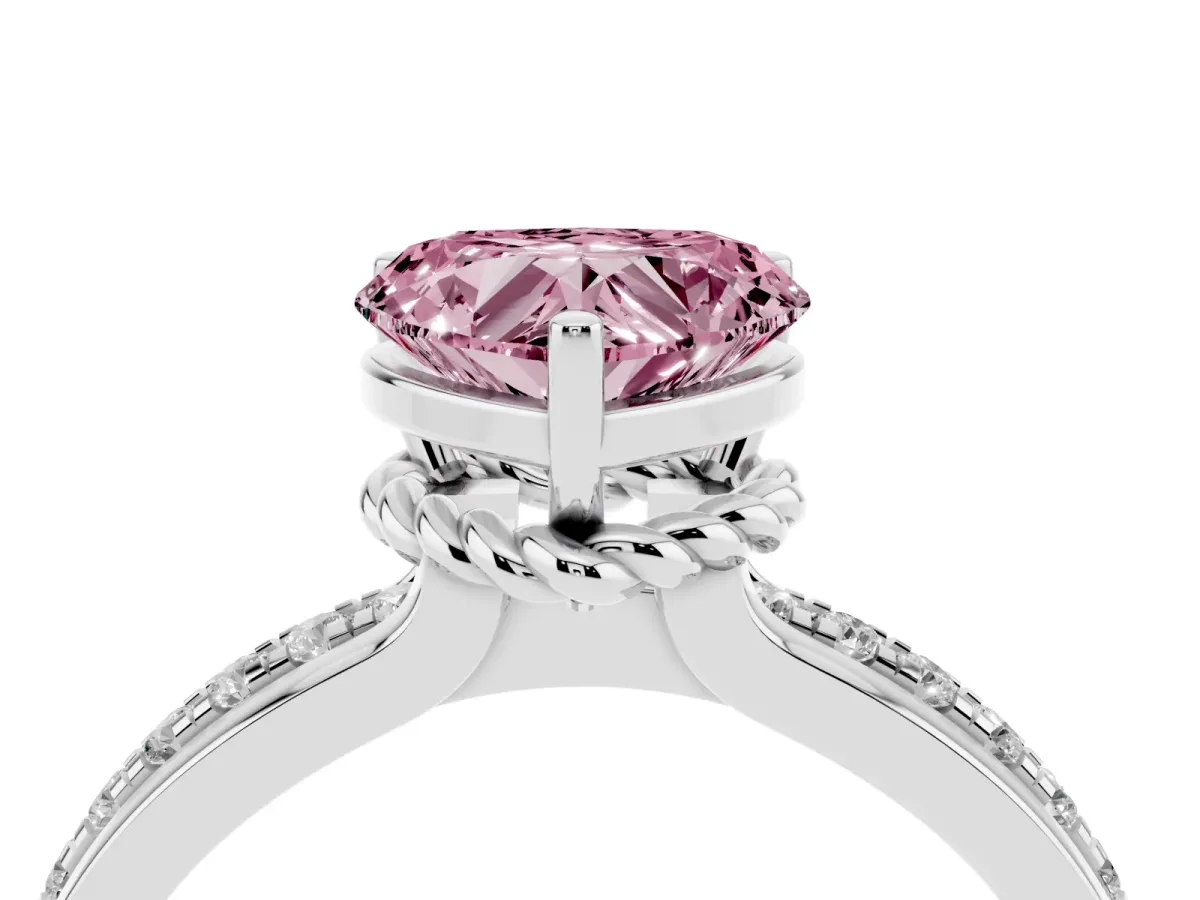 Fancy Pink Heart Cut Solitaire Diamond Ring with Channel Set Band and Six-Prong Setting Silver