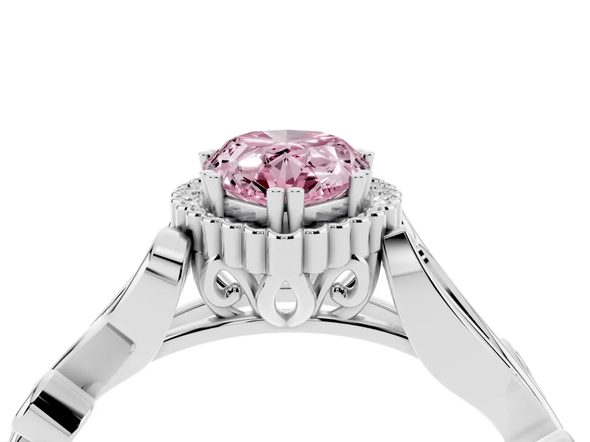 Fancy Pink Pear Cut Diamond Halo Ring with Vintage Split Shank and Four-Prong Setting Platinum
