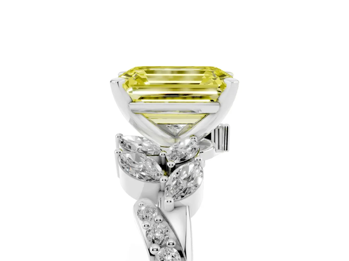 Fancy Yellow Emerald Cut Solitaire Marquise Twist Band with Six-Prong Setting Silver