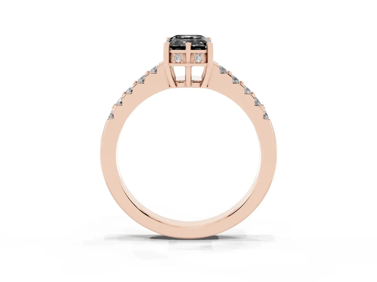 Fancy Black Emerald Cut Solitaire Diamond Engagement Ring with Pavé Band and Six-Prong Setting Rose gold