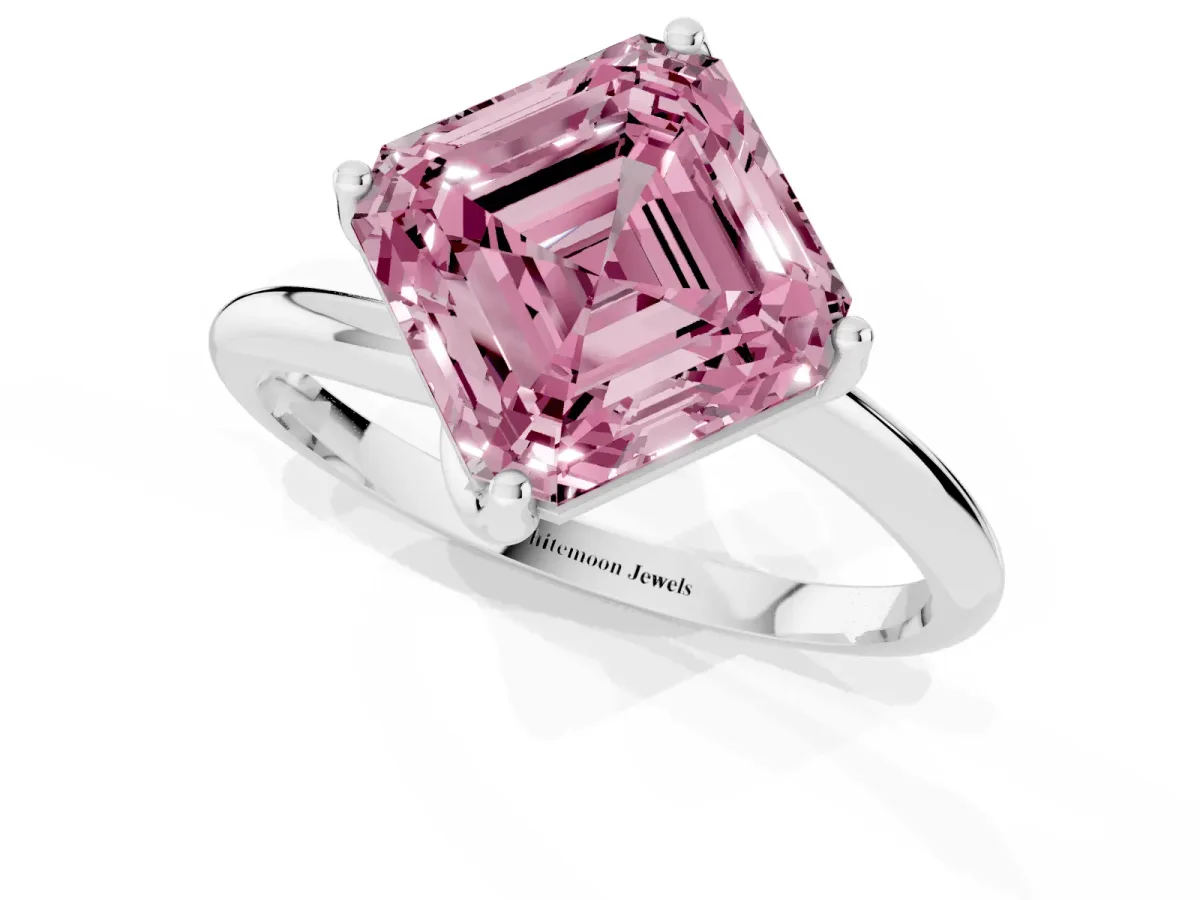 Fancy Pink Asscher Cut Diamond Solitaire Engagement Ring with Four-Prong Setting and Classic Band Platinum
