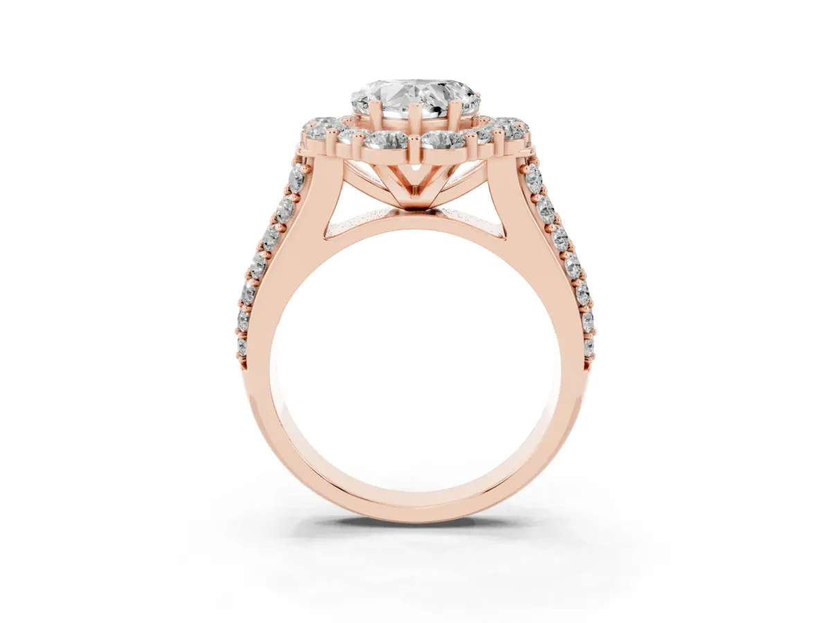 Heart Cut Halo Diamond Engagement Ring with Split Shank and Prong Setting Rose gold