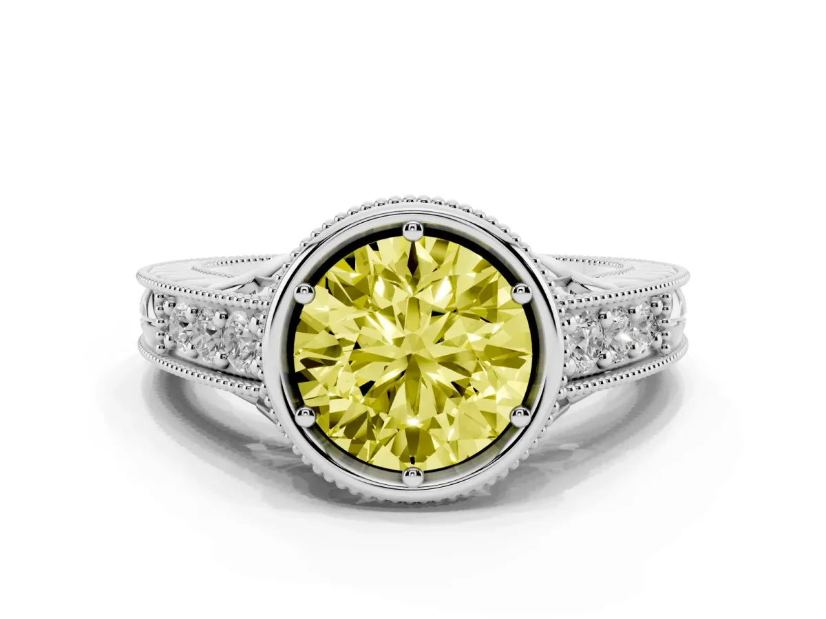 Fancy Yellow Bezel Set Round Cut Diamond Milgrain Pave Engagement Ring Silver