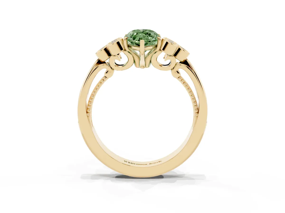 Fancy Green Marquise Cut Cut Diamond Engagement Ring with Bezel Set Round Side Stones and Prong Setting Yellow gold