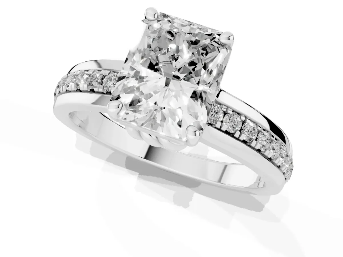 Radiant Cut Solitaire Diamond Ring with Channel Set Band and Six-Prong Setting Silver