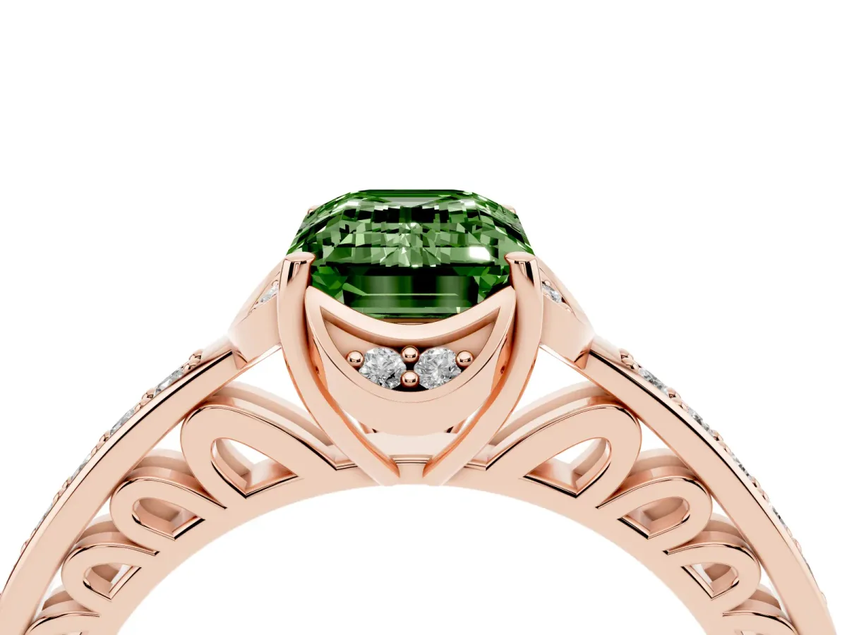 Fancy Green Emerald Cut Cut Halo Diamond Ring with Channel Set Band and Four-Prong Setting Rose gold