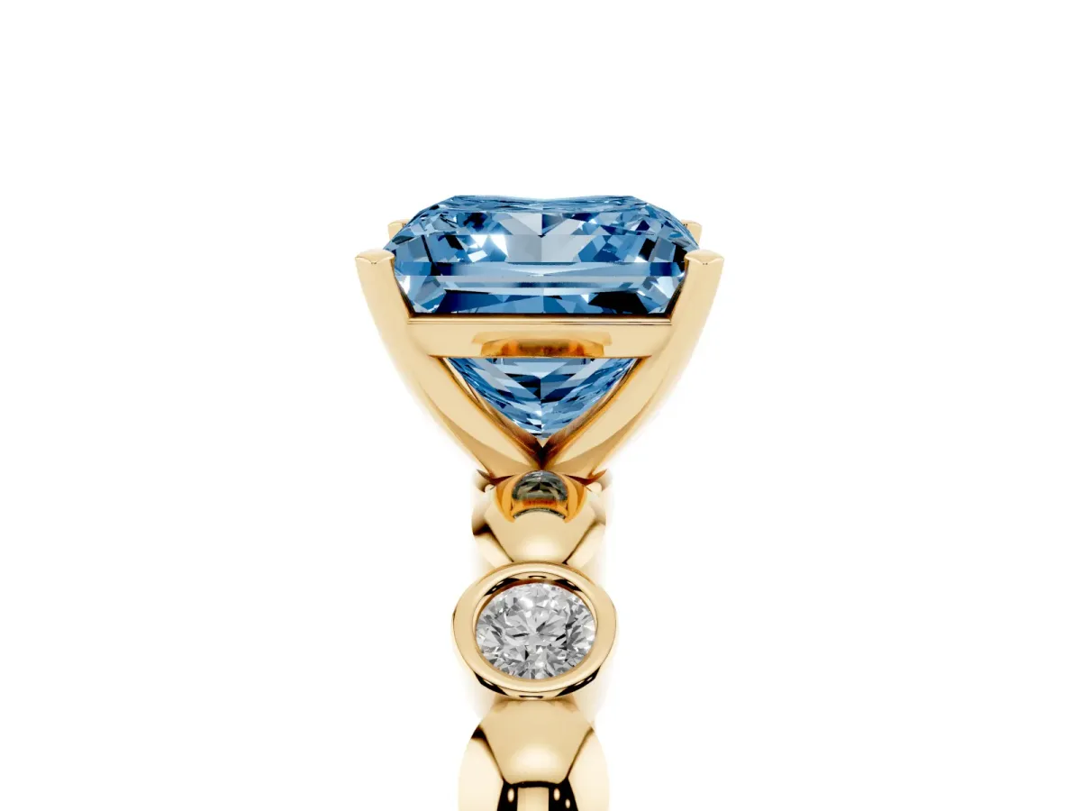 Fancy Blue Princess Cut Solitaire Bezel-Set Diamond Ring with Beaded Band and Four-Prong Setting Yellow gold