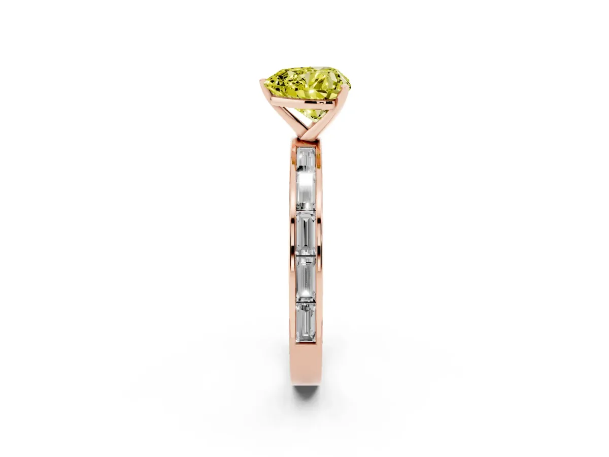 Fancy Yellow Heart Cut Solitaire Diamond Ring with Channel-Set Baguette Band and Four-Prong Setting Rose gold