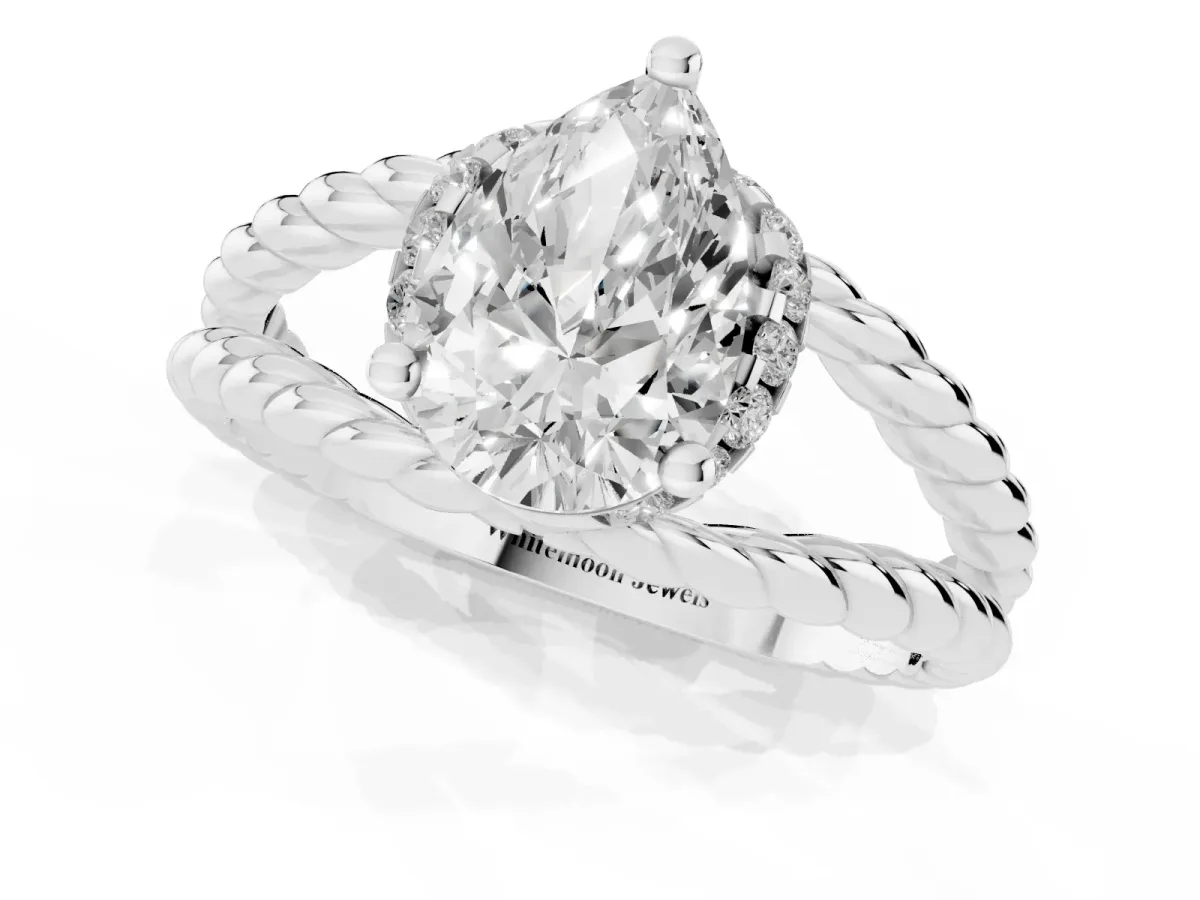 Pear Cut Halo Twisted Band Four-Prong Ring Platinum