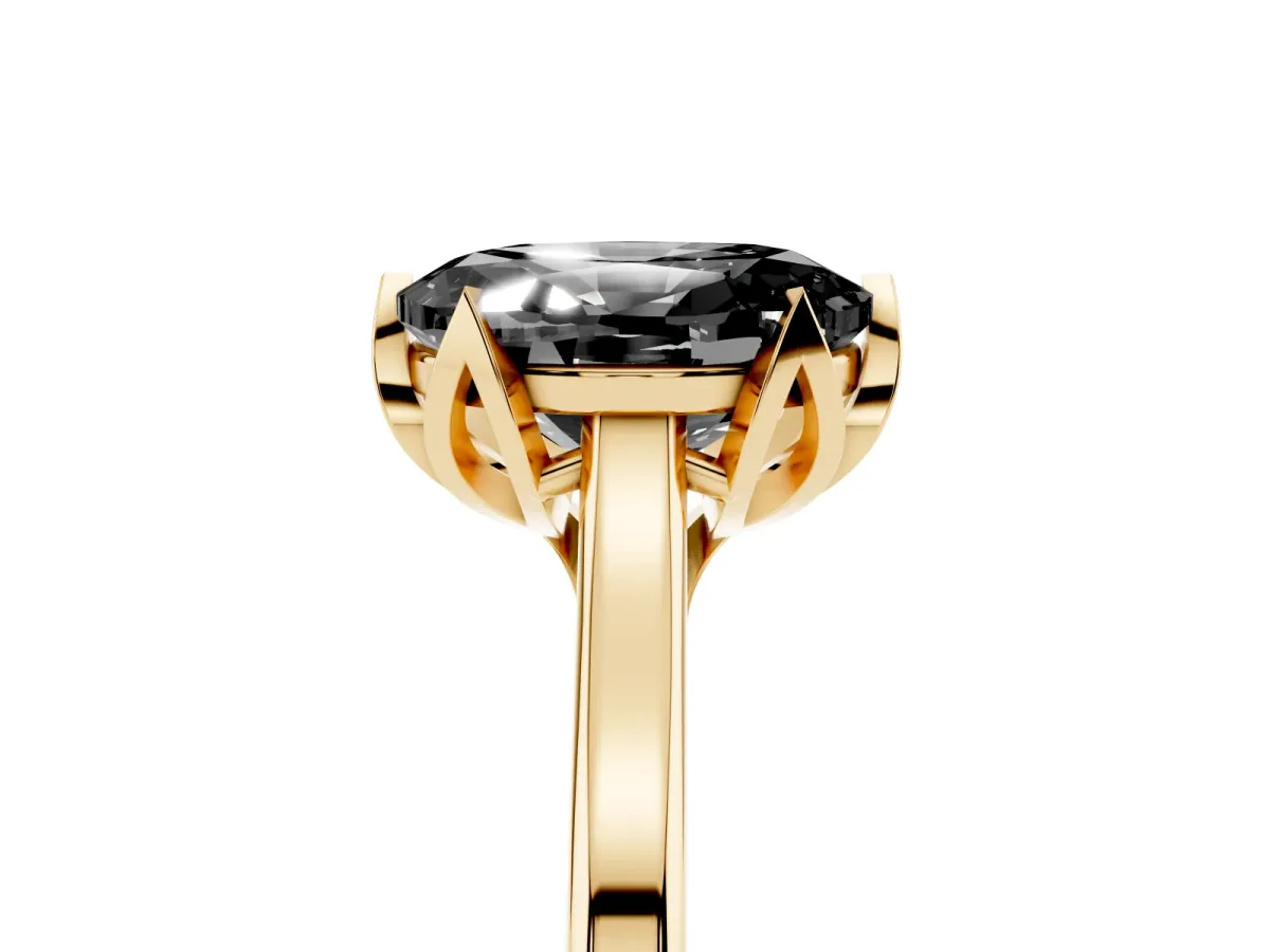 Fancy Black Oval Cut Diamond Solitaire Ring with Flower Prong Setting and Classic Band Yellow gold