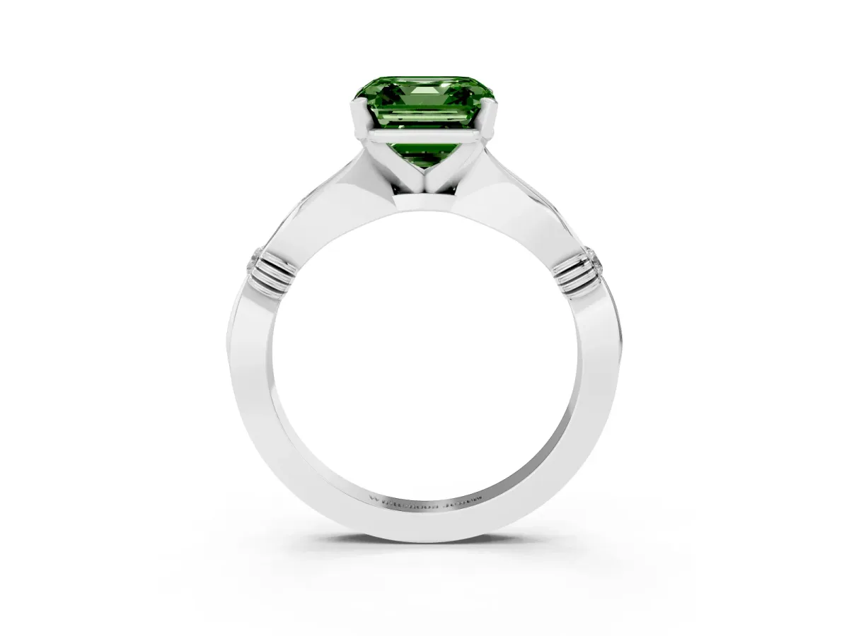 Fancy Green Asscher Cut Solitaire Diamond Twisted Band with Four-Prong Setting Silver