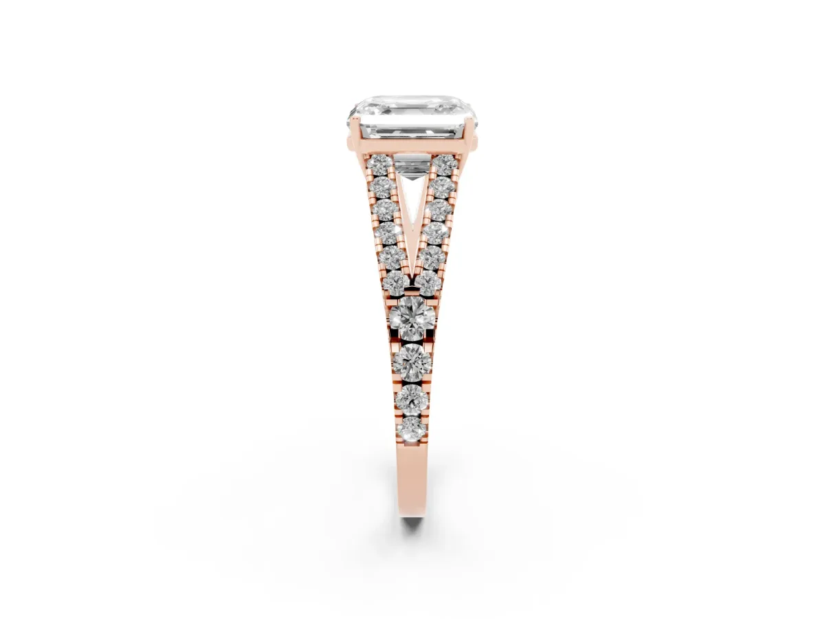 Asscher Cut Diamond Split Shank Engagement Ring with Round Pavé and Prong Setting Rose gold