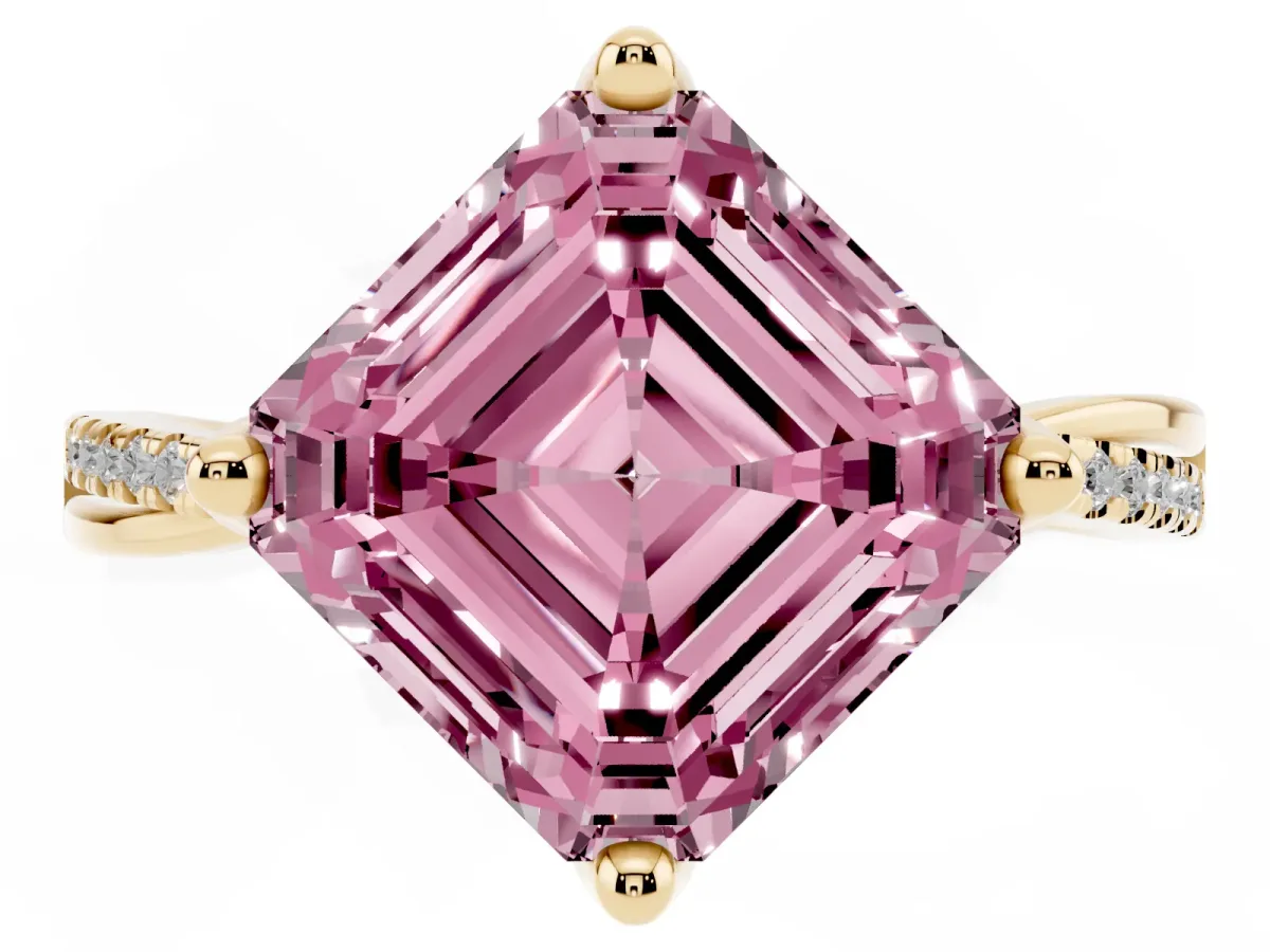 Fancy Pink Asscher Cut Solitaire Twist Band with Pavé Diamonds and Four-Prong Setting Yellow gold