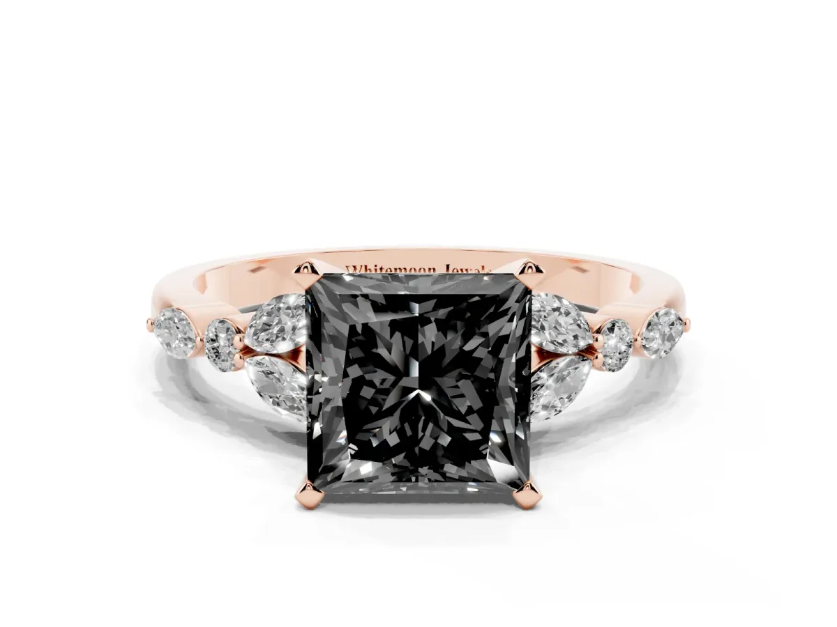 Fancy Black Princess Cut Diamond Solitaire Ring with Side Stones and Four-Prong Setting Rose gold