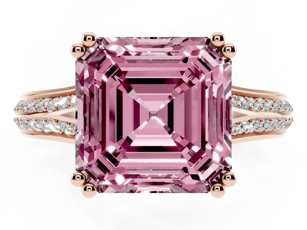 Fancy Pink Asscher Cut Diamond Split Shank Engagement Ring with Pavé Band Rose gold