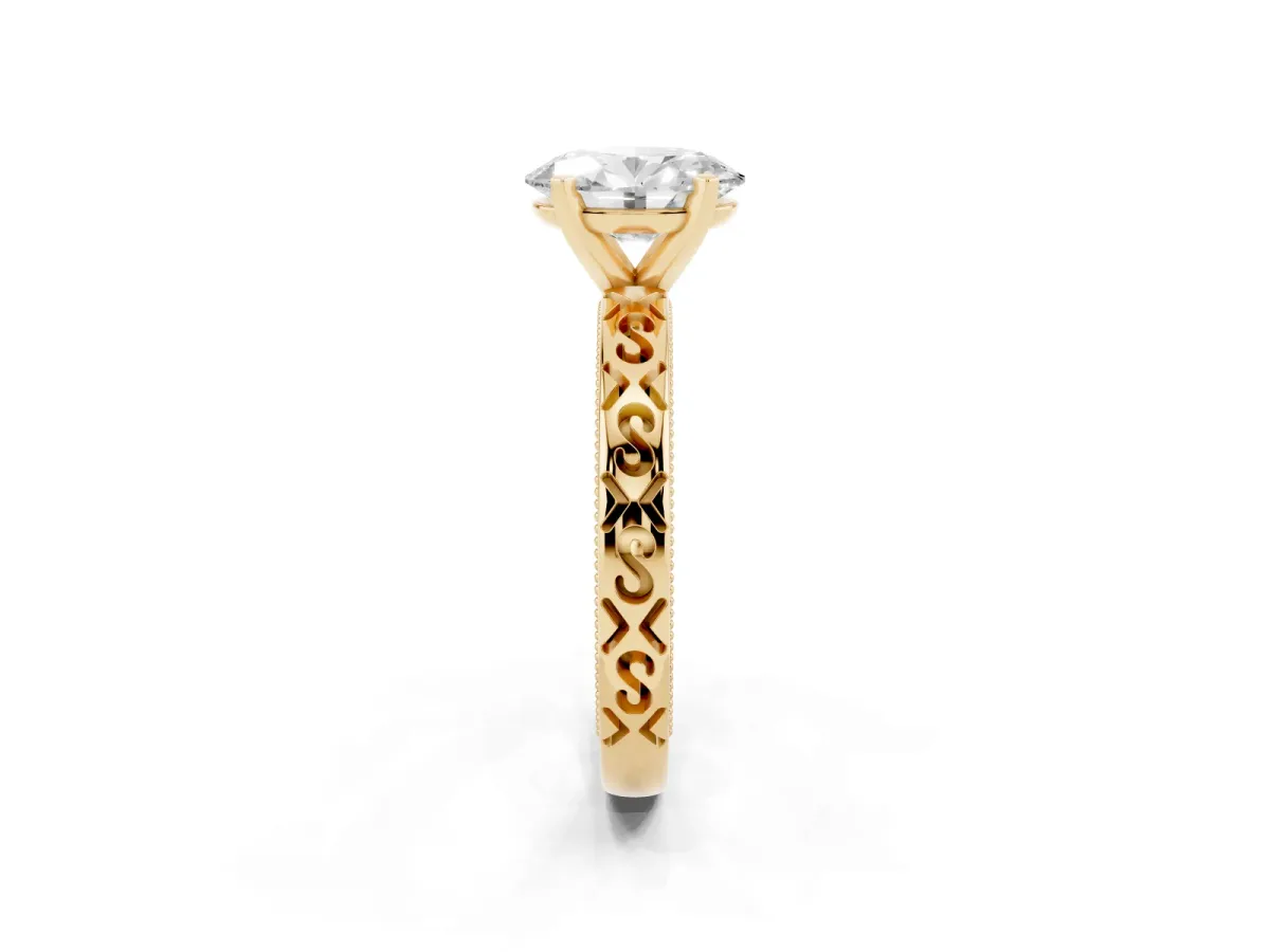 Oval Cut Solitaire Engagement Ring with Scrollwork Band and Four-Prong Setting Yellow gold