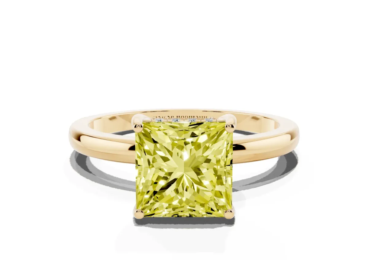 Fancy Yellow Princess Cut Solitaire Diamond Ring with Prong Setting and Plain Band Yellow gold