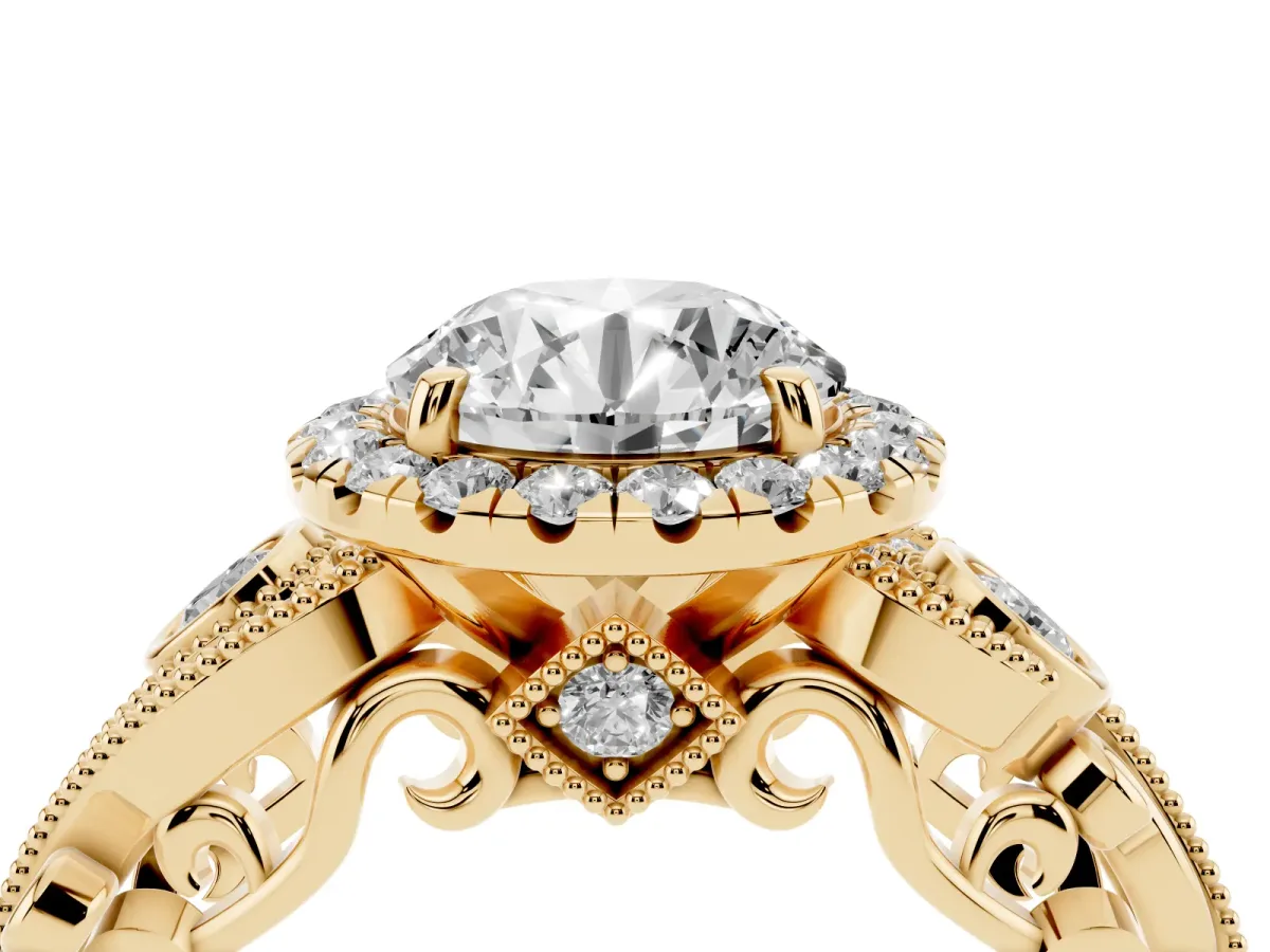 Round Cut Diamond Halo Ring with Milgrain Pavé Band and Four-Prong Setting Yellow gold
