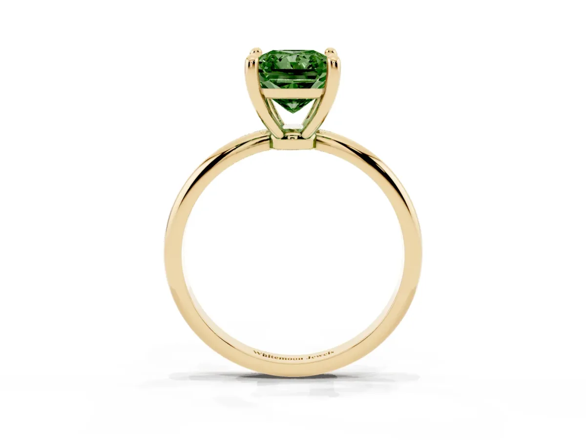 Fancy Green Radiant Cut Solitaire Diamond Ring with 4-Prong Setting on a Classic Band Yellow gold