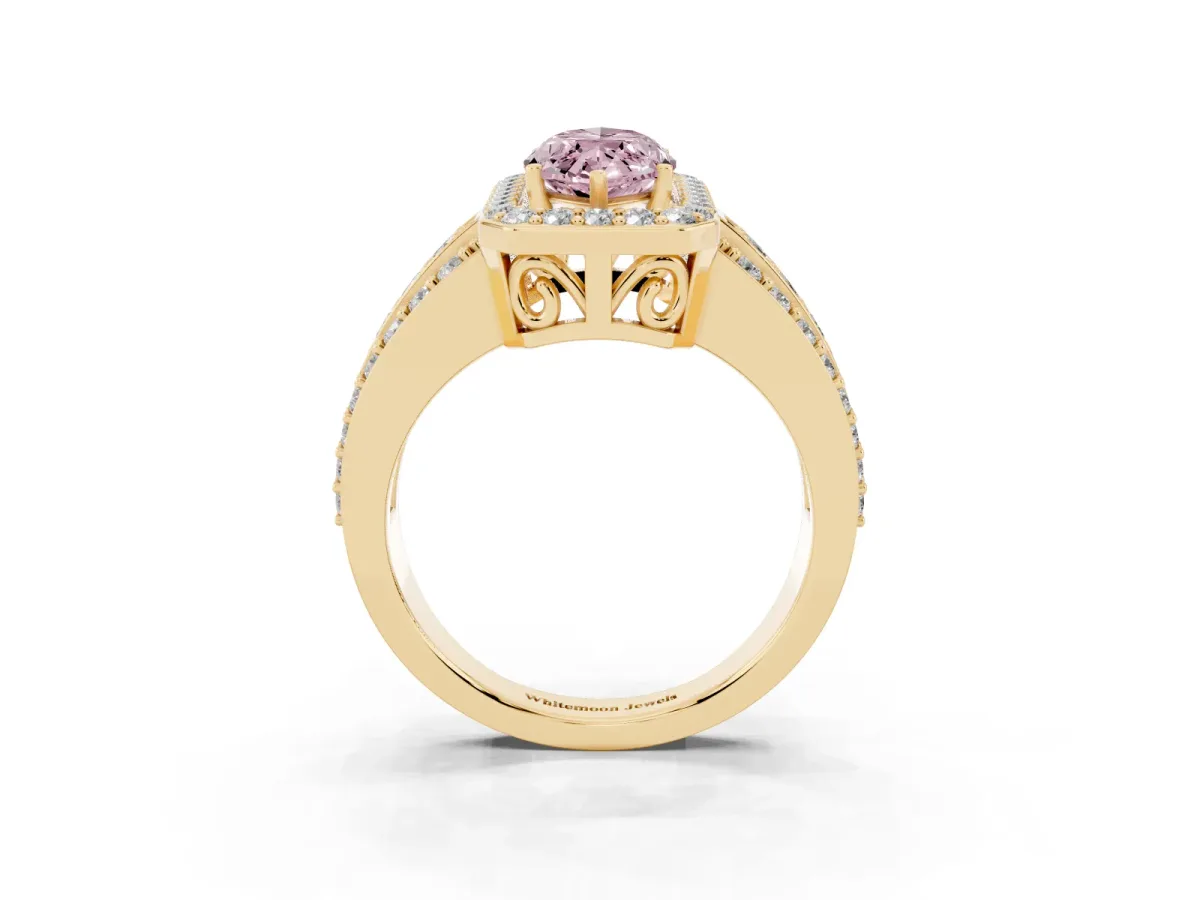 Fancy Pink Marquise Cut Halo Diamond Ring with Round Split Shank and Prong Setting Yellow gold