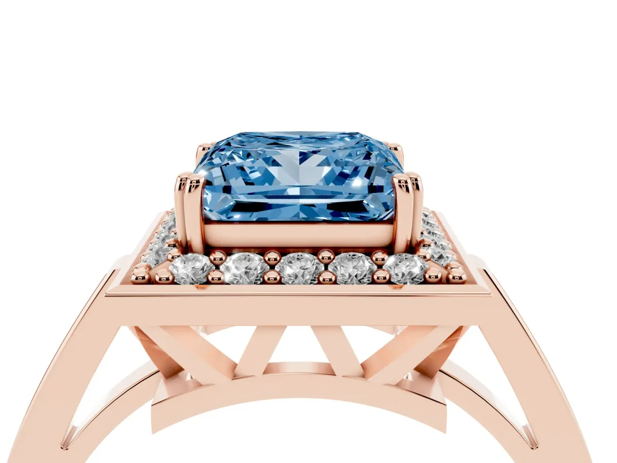 Fancy Blue Princess Cut Diamond Halo Ring with Split Shank and Four-Prong Setting Rose gold