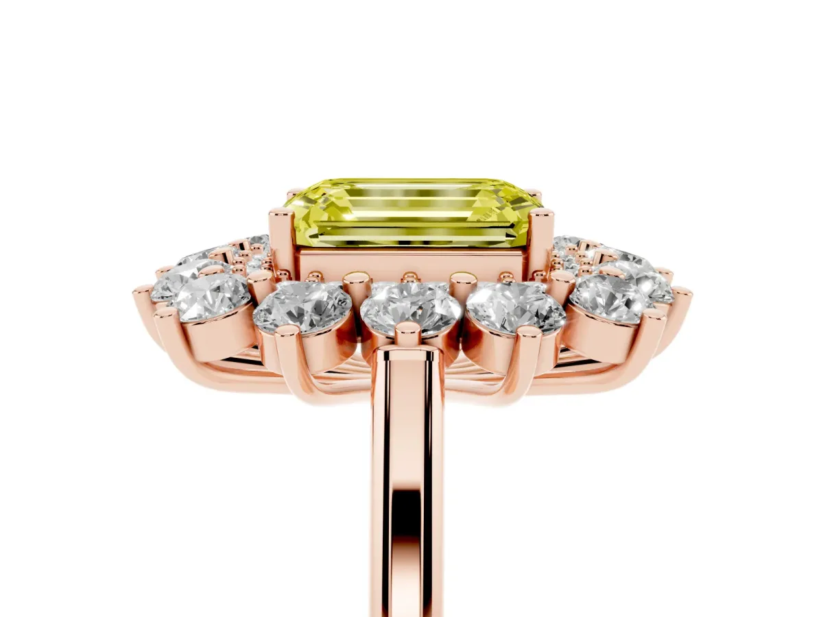 Fancy Yellow Emerald Cut Diamond Floral Double Halo Engagement Ring with Prong Setting Rose gold