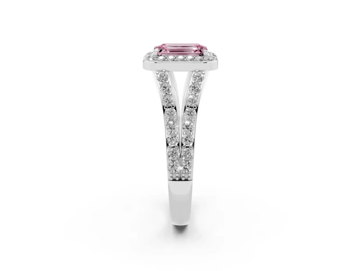 Fancy Pink Emerald Cut Diamond Split Shank Halo Ring with Four-Prong Setting Silver