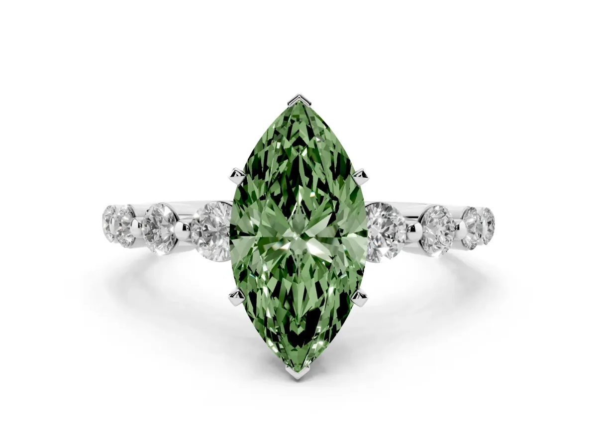 Fancy Green Marquise Cut Solitaire Diamond Ring with Pave Band and Four-Prong Setting White gold