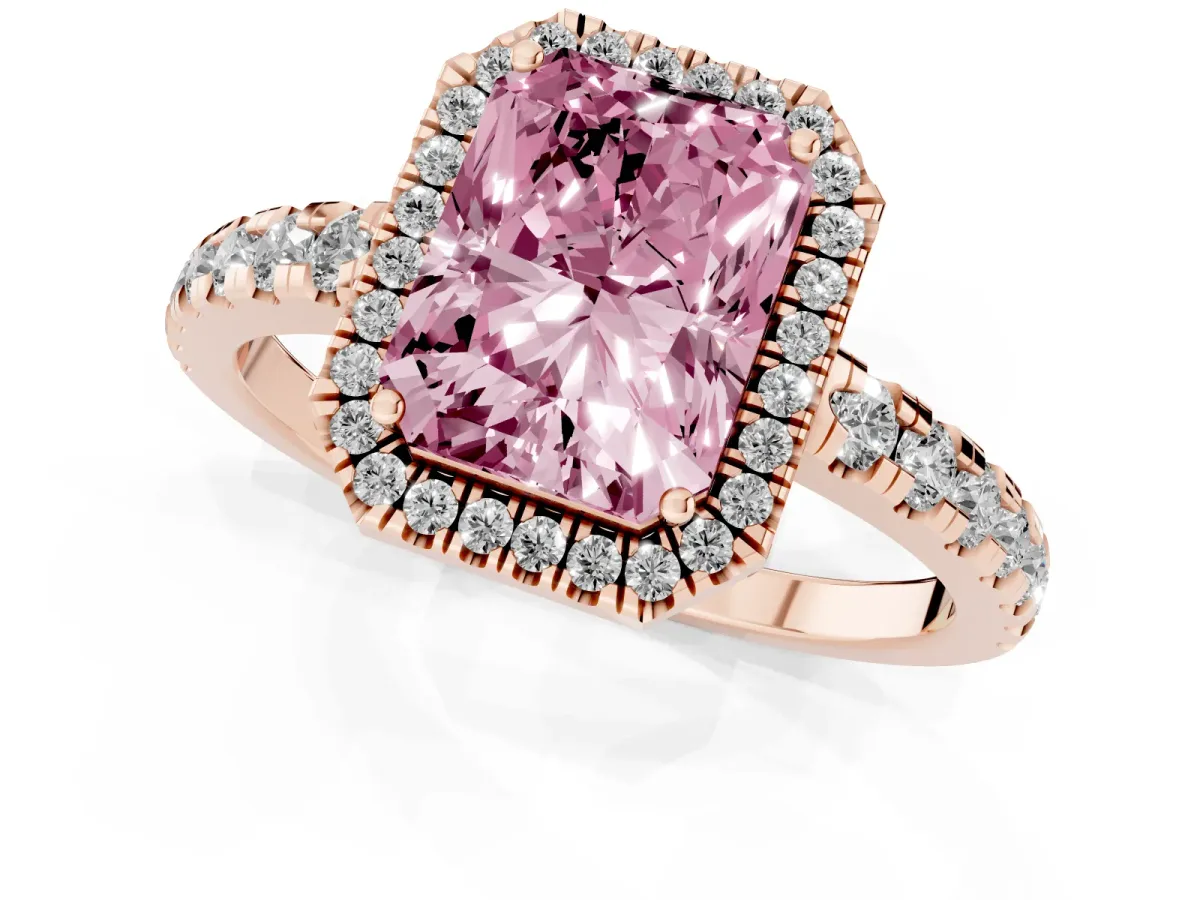Fancy Pink Radiant Cut Diamond Halo Ring with Pavé Band and Four-Prong Setting Rose gold