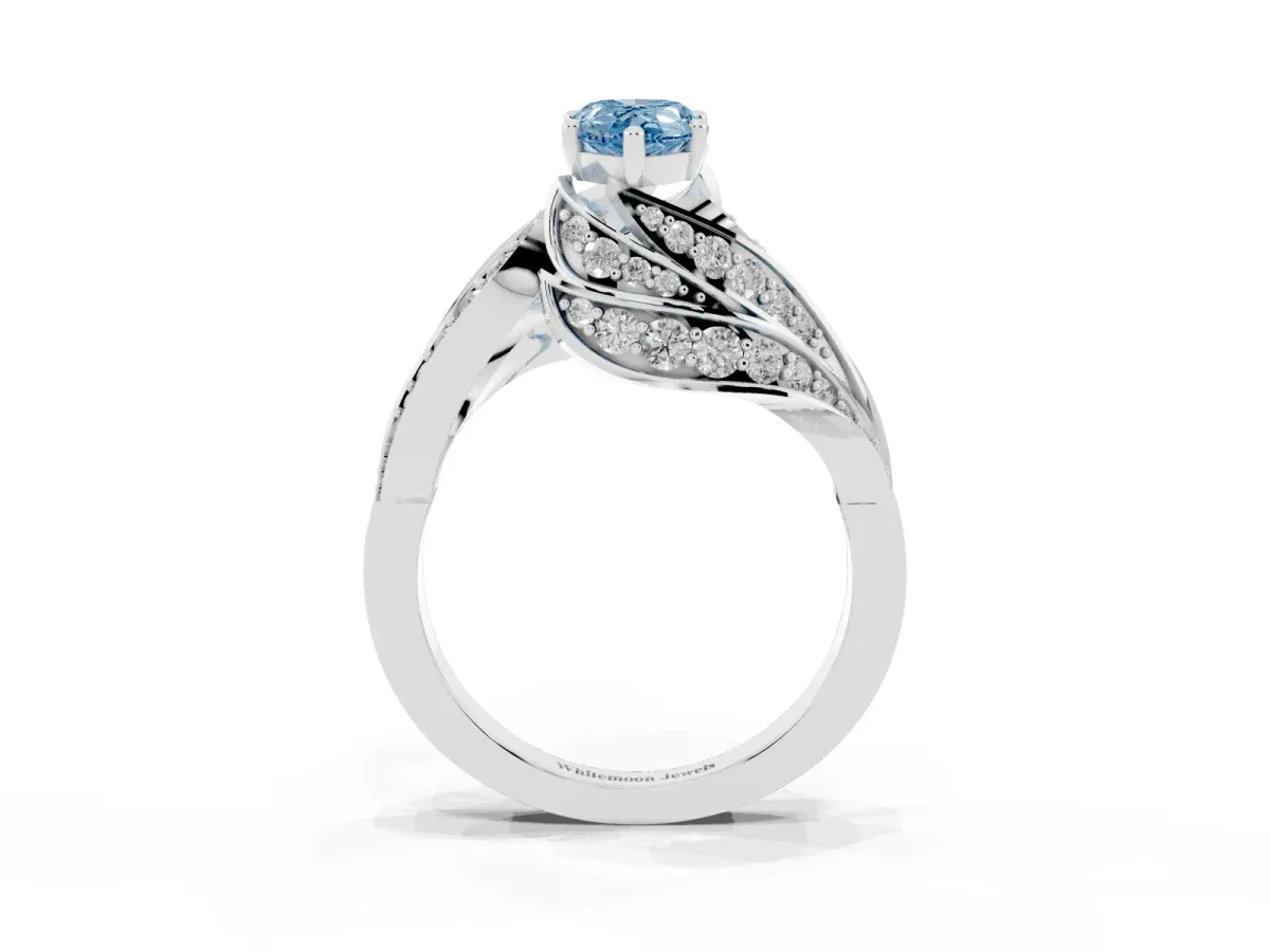 Fancy Blue Pear Cut Diamond Solitaire Ring with Prong Setting and Twisted Pavé Band Silver