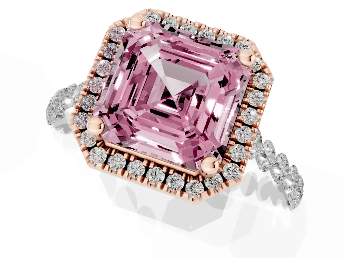 Fancy Pink Asscher Cut Halo Pavé Diamond Engagement Ring with Four-Prong Setting Rose gold