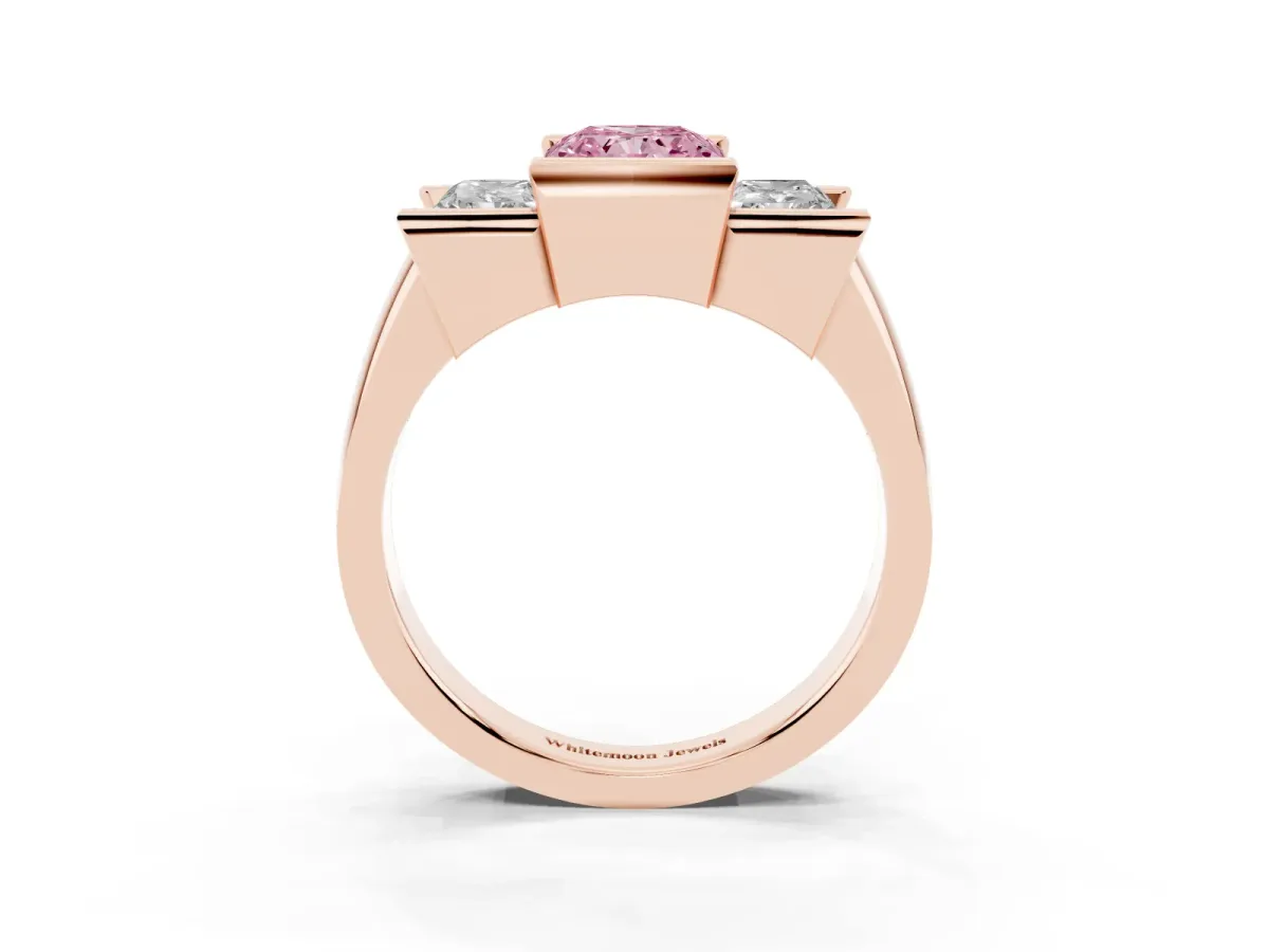 Fancy Pink Three Stone Radiant Cut Cut Channel Set Diamond Ring Rose gold