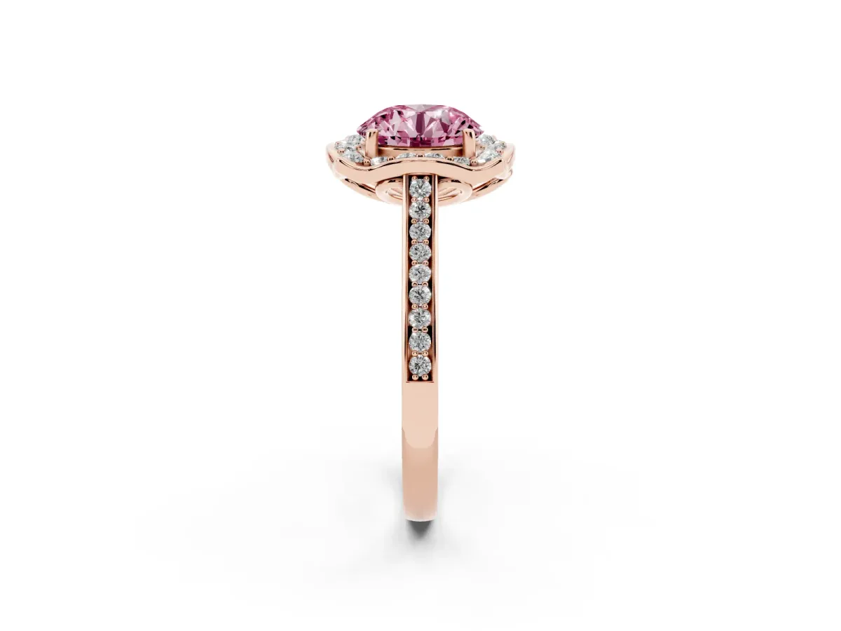 Fancy Pink Round Cut Halo Round Diamond Pave Band with Four-Prong Setting Rose gold