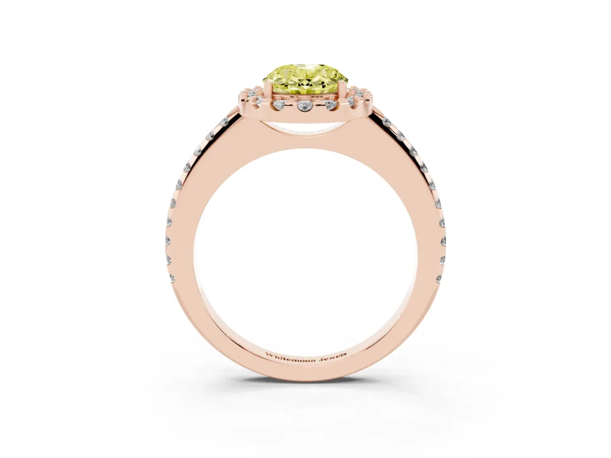 Fancy Yellow Oval Cut Diamond Pavé Halo Ring with Four-Prong Setting Rose gold