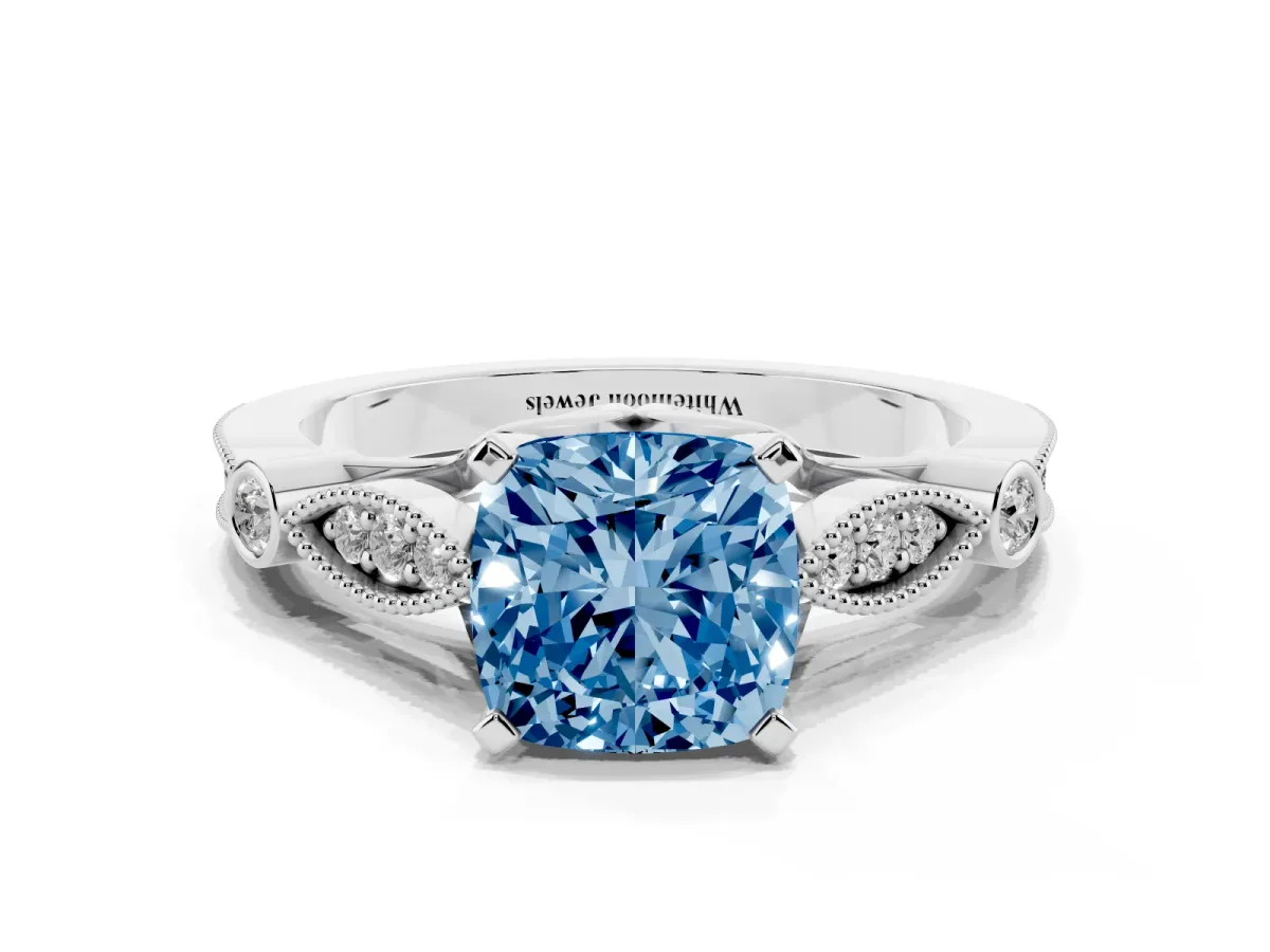 Fancy Blue Cushion Cut Cut Diamond with Milgrain Marquise and Bezel Accents on a Solitaire Band with Prong Setting White gold