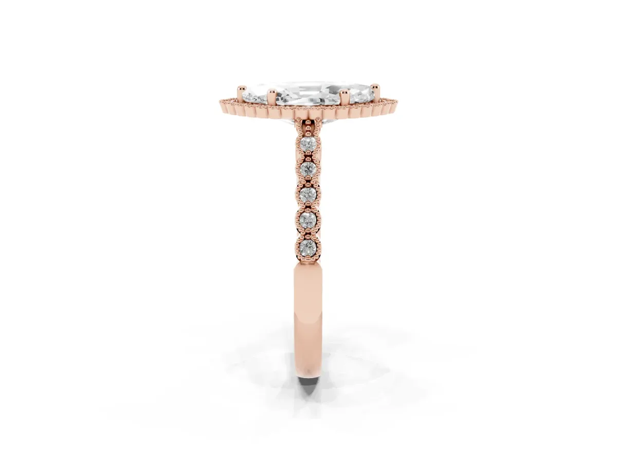 Marquise Cut Cut Halo Pavé Solitaire Ring with Milgrain Band Rose gold