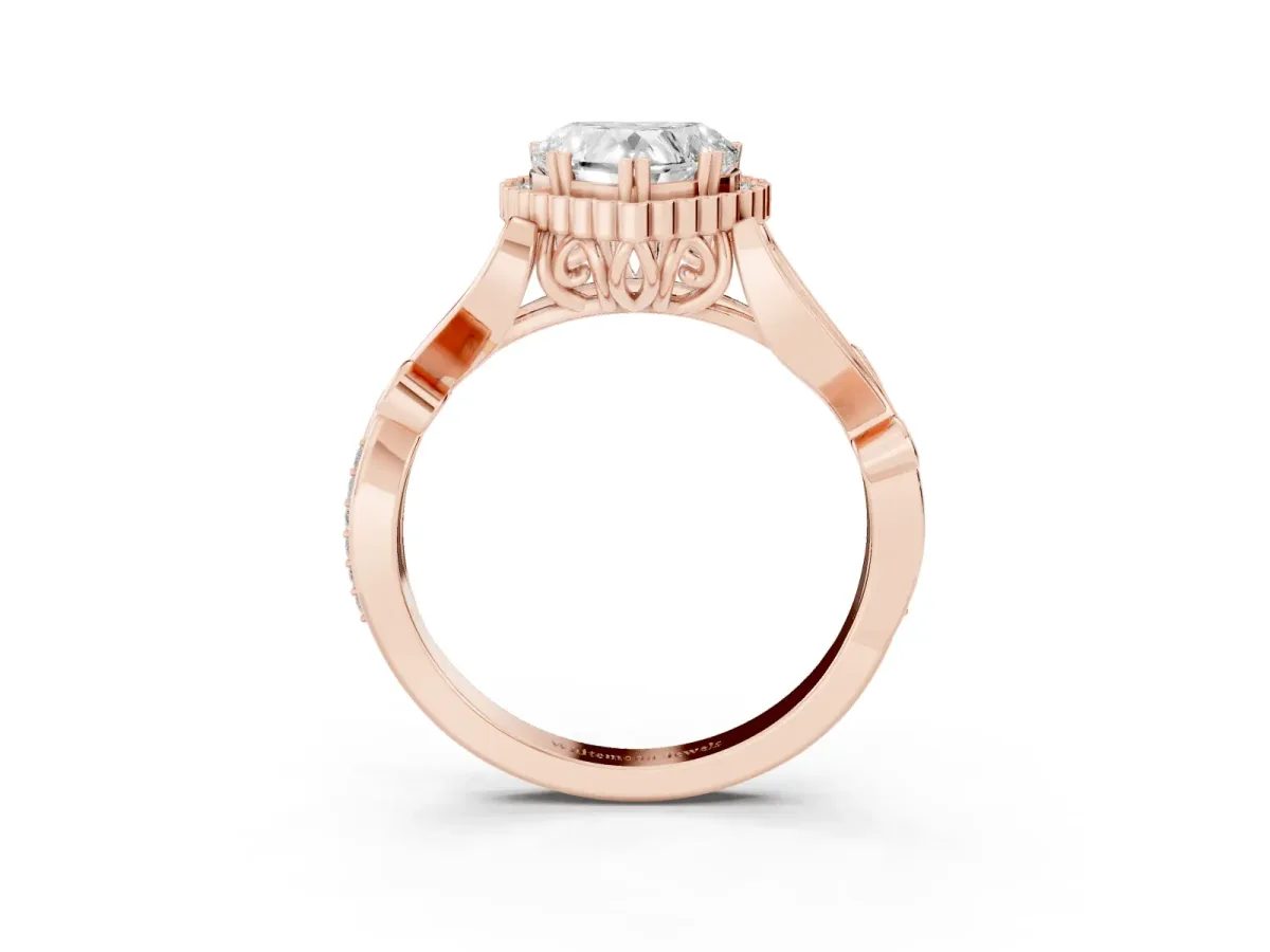 Heart Cut Diamond Halo Ring with Vintage Split Shank and Four-Prong Setting Rose gold