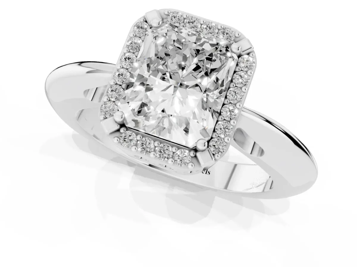 Radiant Cut Cut Diamond Halo Engagement Ring with Split Shank and Four-Prong Setting Silver