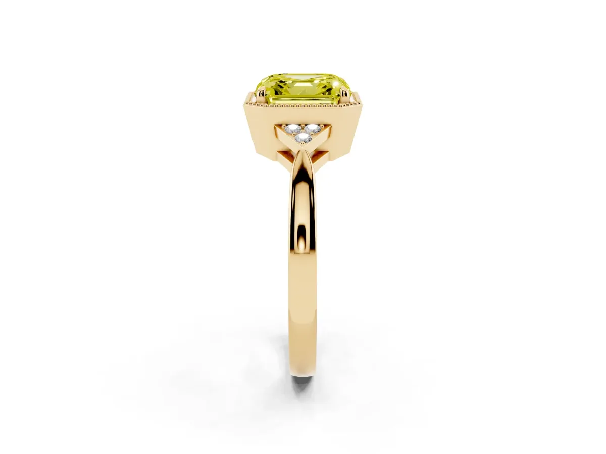 Fancy Yellow Hexagonal Halo Asscher Cut Diamond Solitaire with Pavé Band and Four-Prong Setting Yellow gold