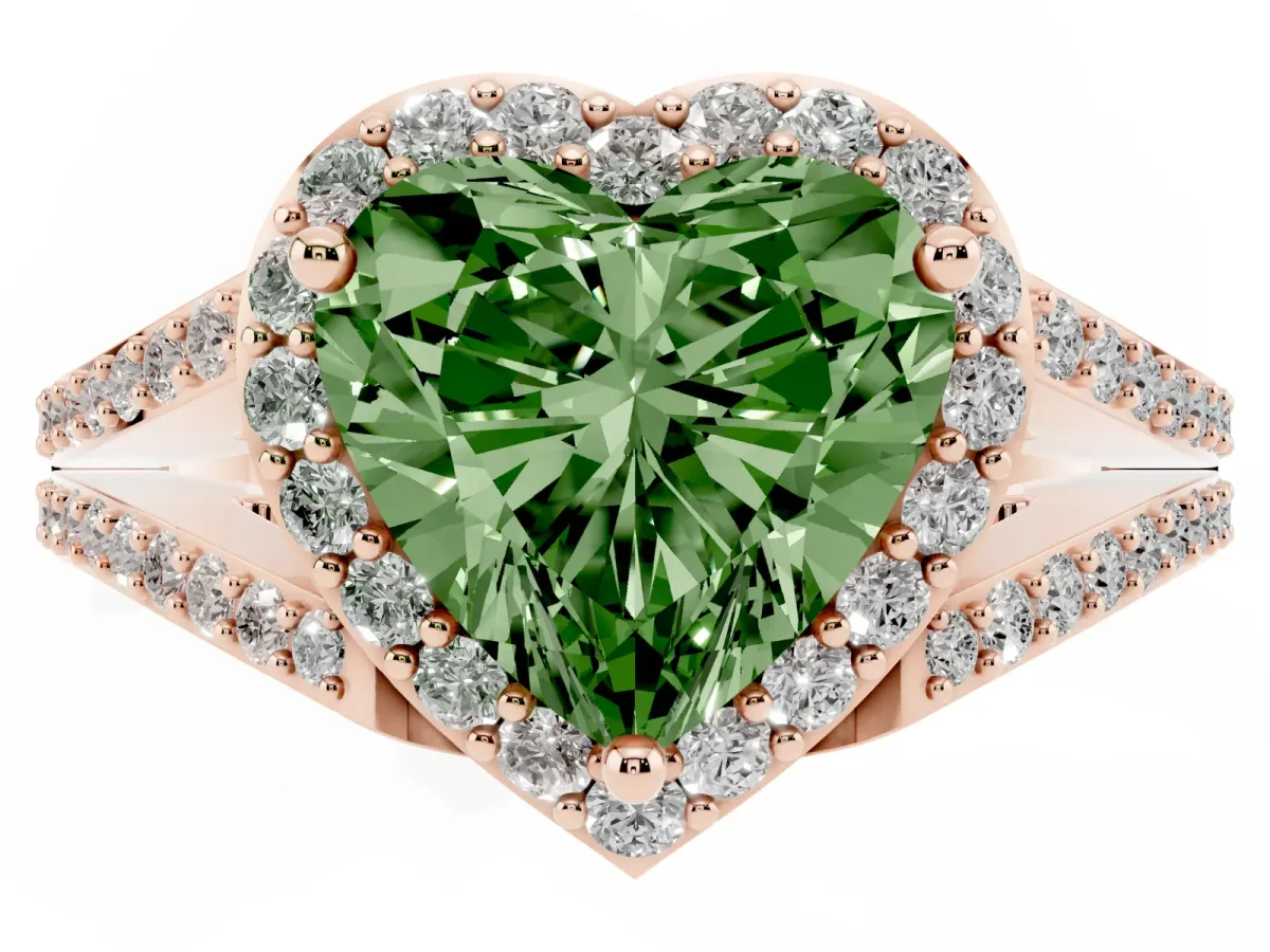 Fancy Green Heart Cut Halo Split Shank Diamond Ring with Prong Setting Rose gold