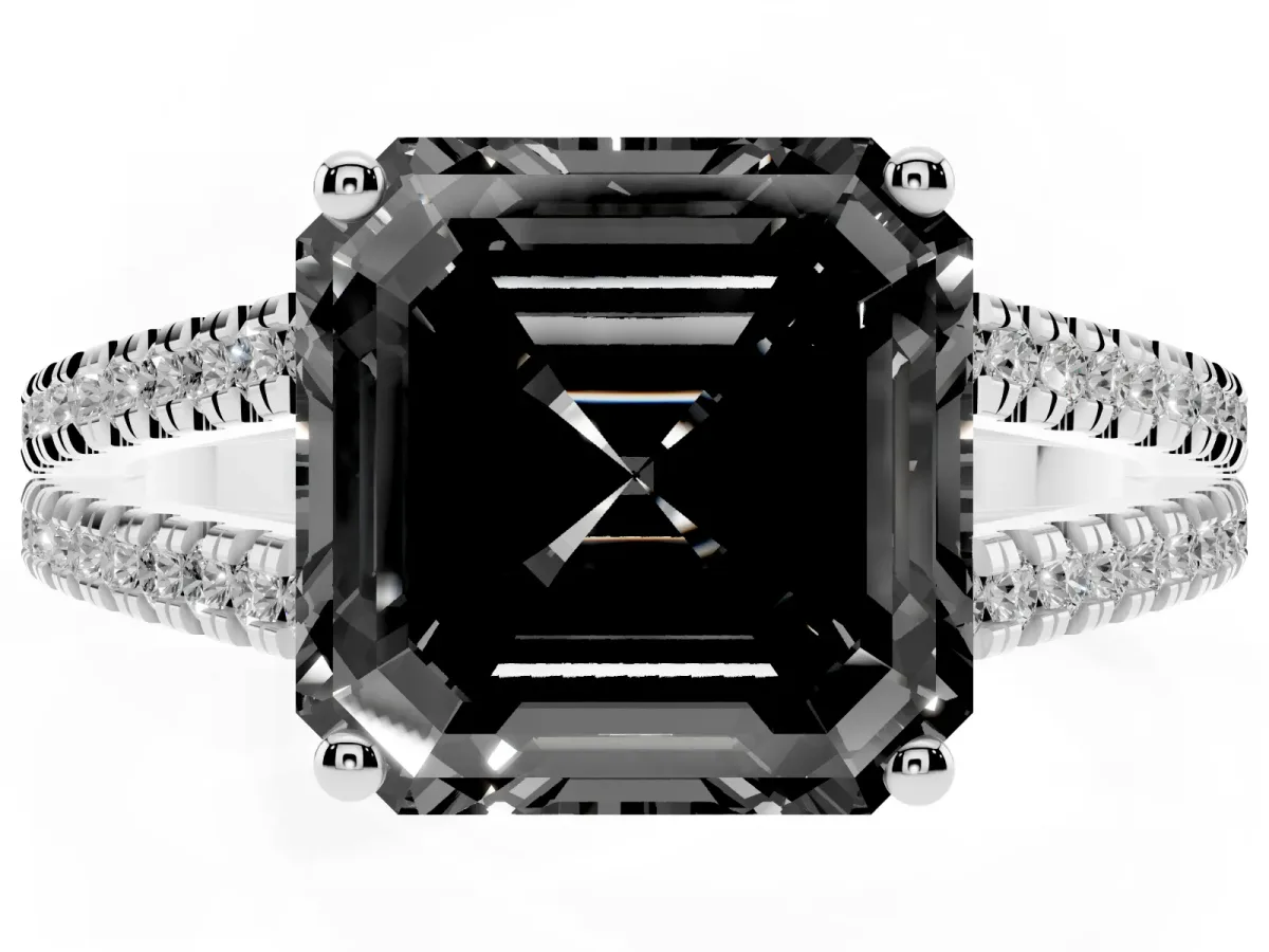 Fancy Black Asscher Cut Diamond Solitaire Engagement Ring with Split Shank Pavé Band Platinum