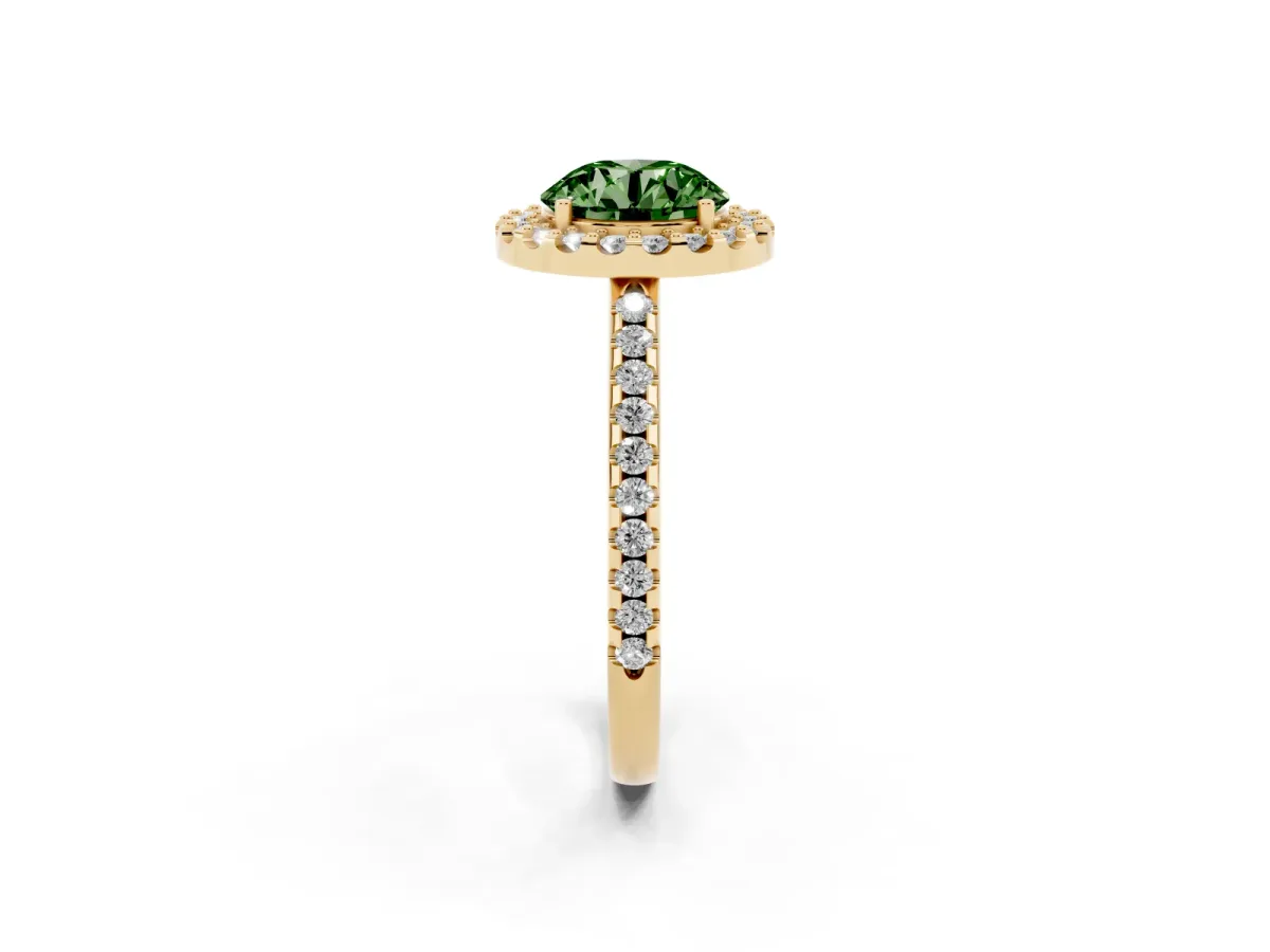 Fancy Green Round Cut Diamond Pavé Halo Ring with Four-Prong Setting Yellow gold