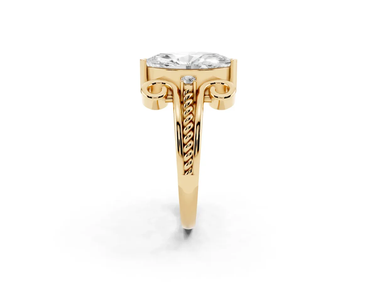 Marquise Cut Solitaire Twisted Band Scroll Prong Ring Yellow gold