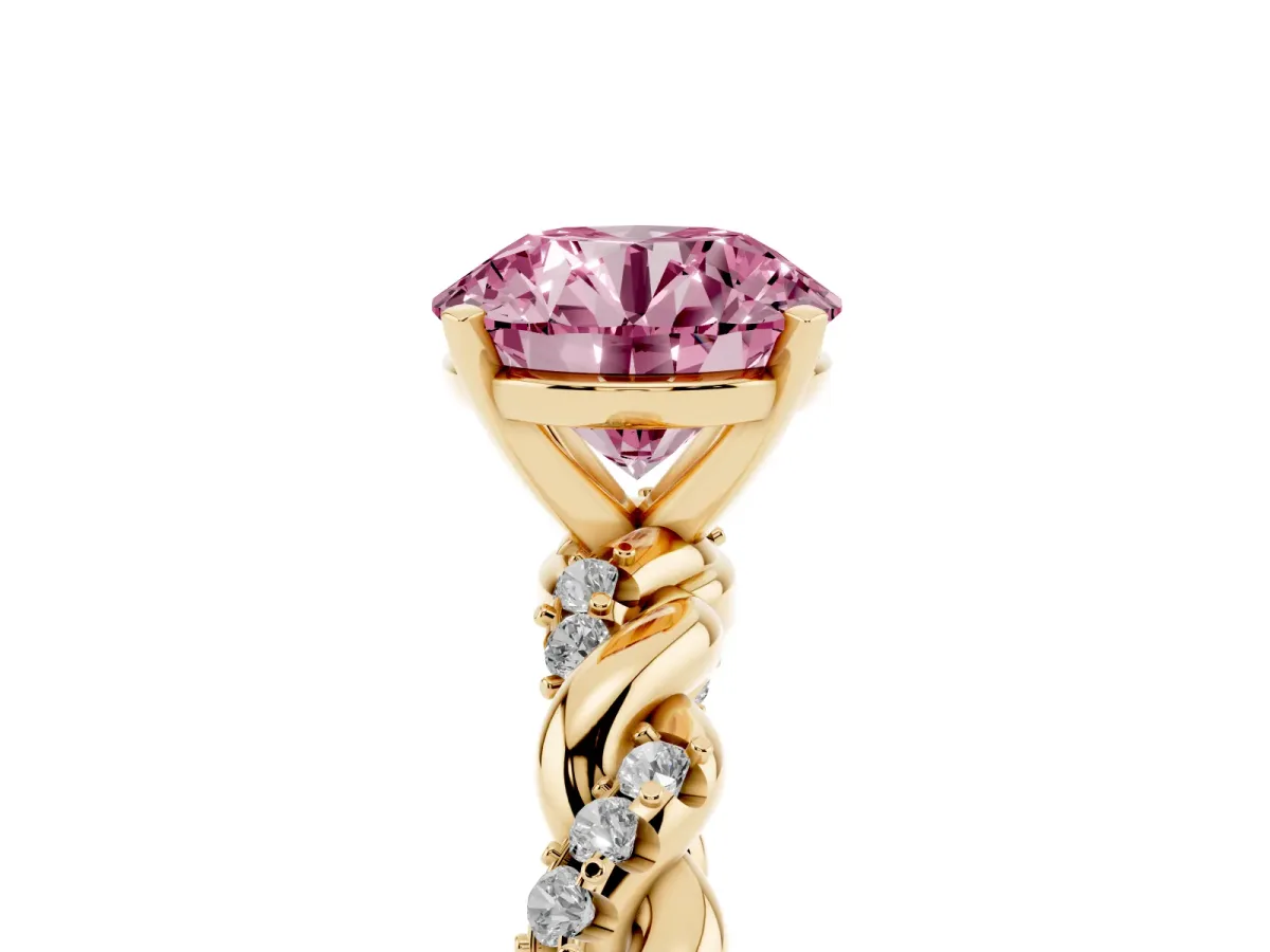 Fancy Pink Round Cut Diamond Solitaire Ring with Twisted Band and Pavé Accents Yellow gold