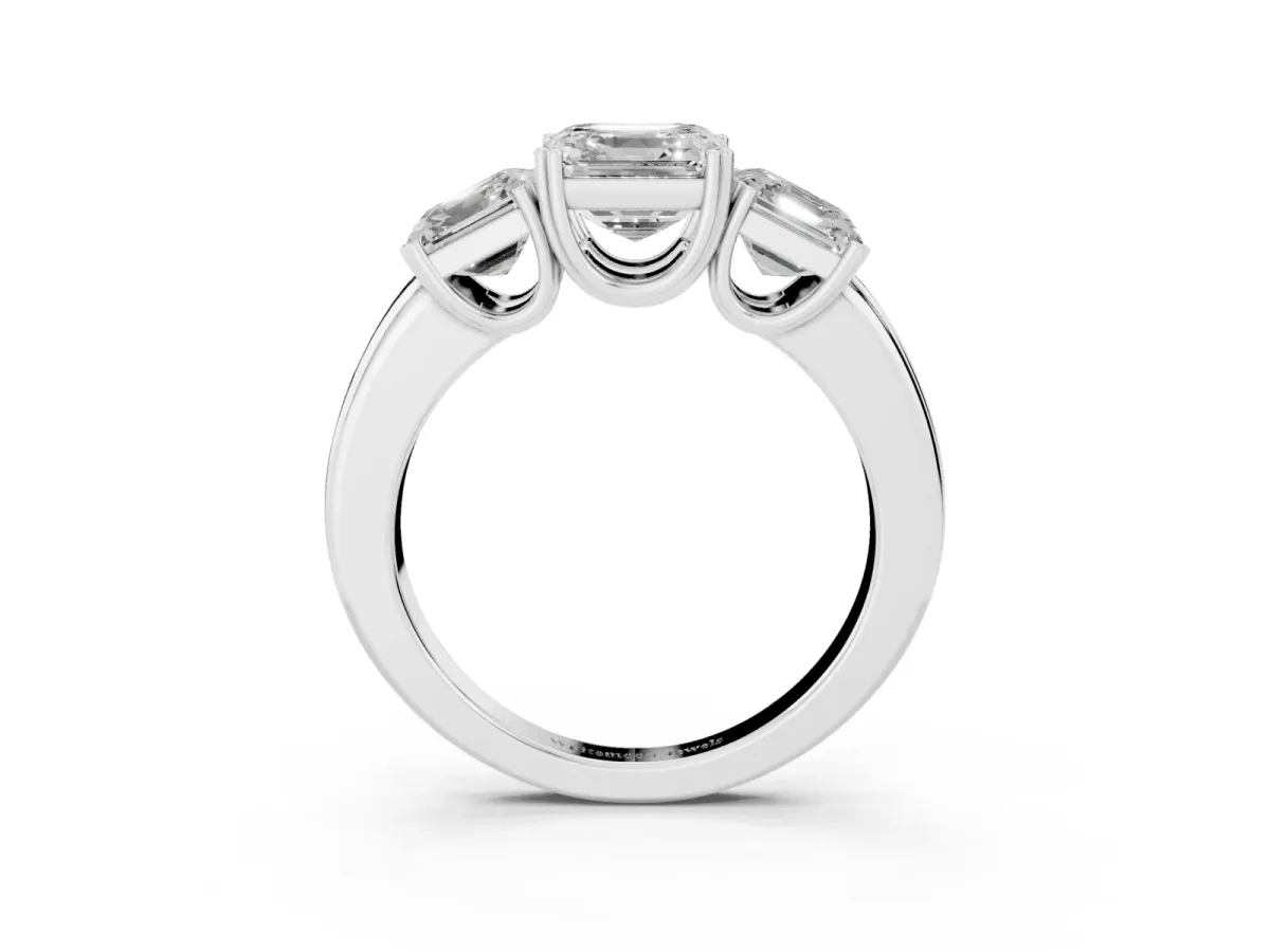 Three-Stone Asscher Cut Cut Diamond Ring with Channel Set Band and Four-Prong Setting Silver