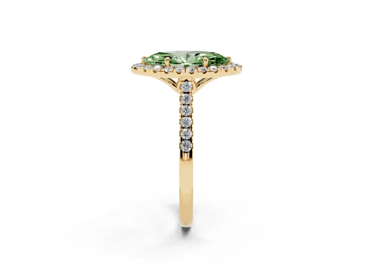Fancy Green Marquise Cut Halo Pavé Diamond Engagement Ring with Four-Prong Setting Yellow gold